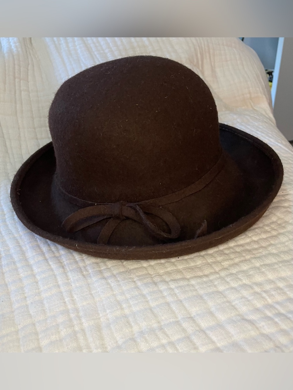 Vintage Style 100% Brown Wool Felt Cloche Bowler Hat w/ Satin Scarf Tie, One Sz